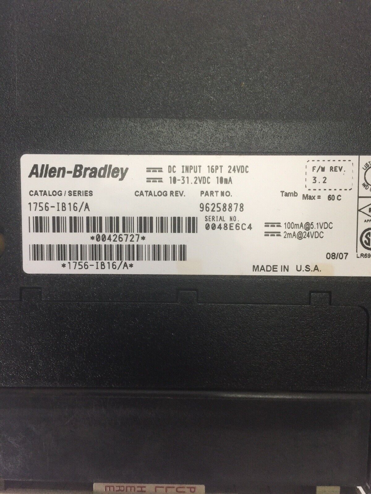 ALLEN BRADLEY 1756-IB16 DC INPUT 16PT 24VDC 10-31.2VDC 10mA SER A F/W REV. 3.2