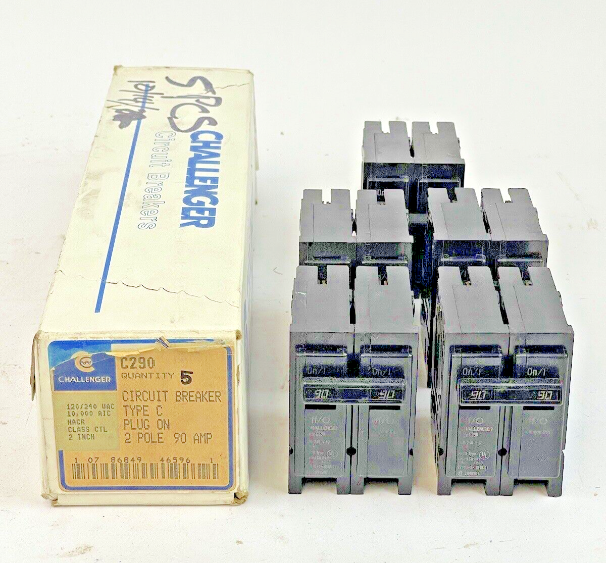 CHALLENGER *BOX OF 5* - C290 - 90A, 2 POLE TYPE C CIRCUIT BREAKERS, 120/240 VAC
