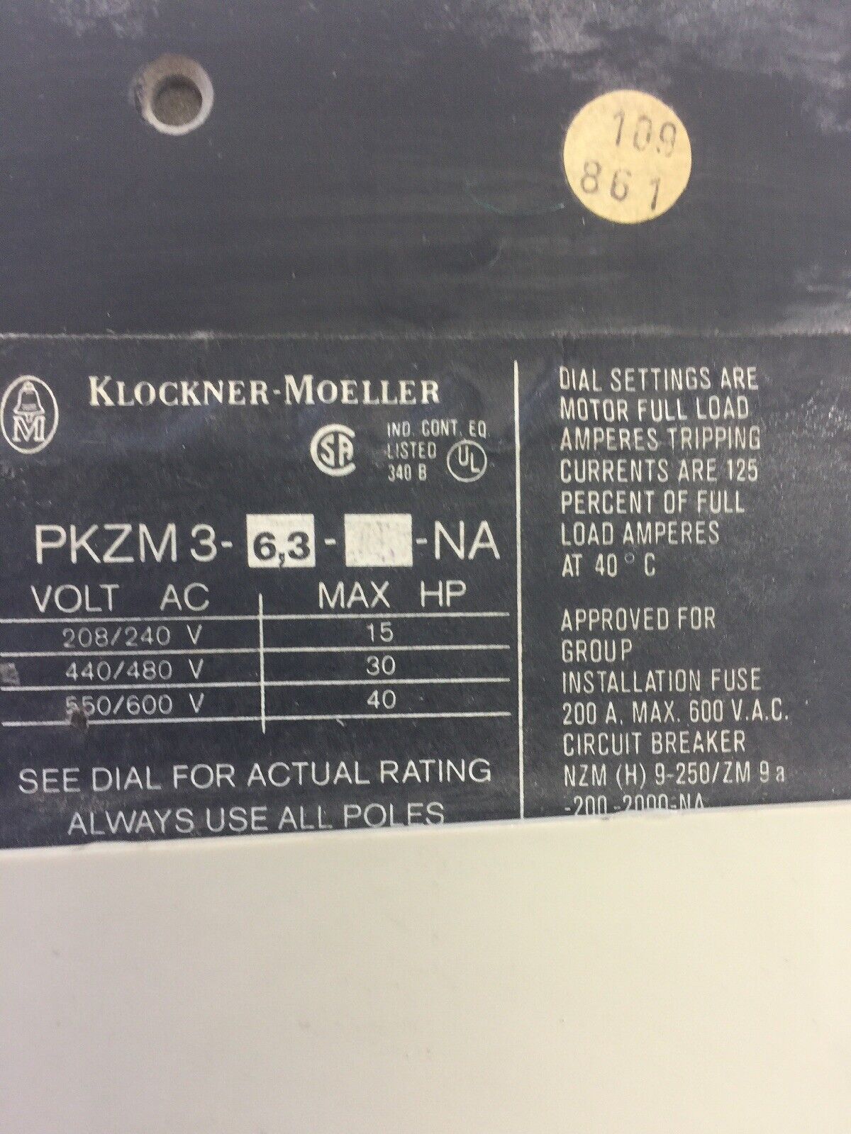 KLOCKNER MOELLER PKZM 3-6,3-U-NA 600V-AC 40HP MANUAL MOTOR STARTER 3.5-6.0A