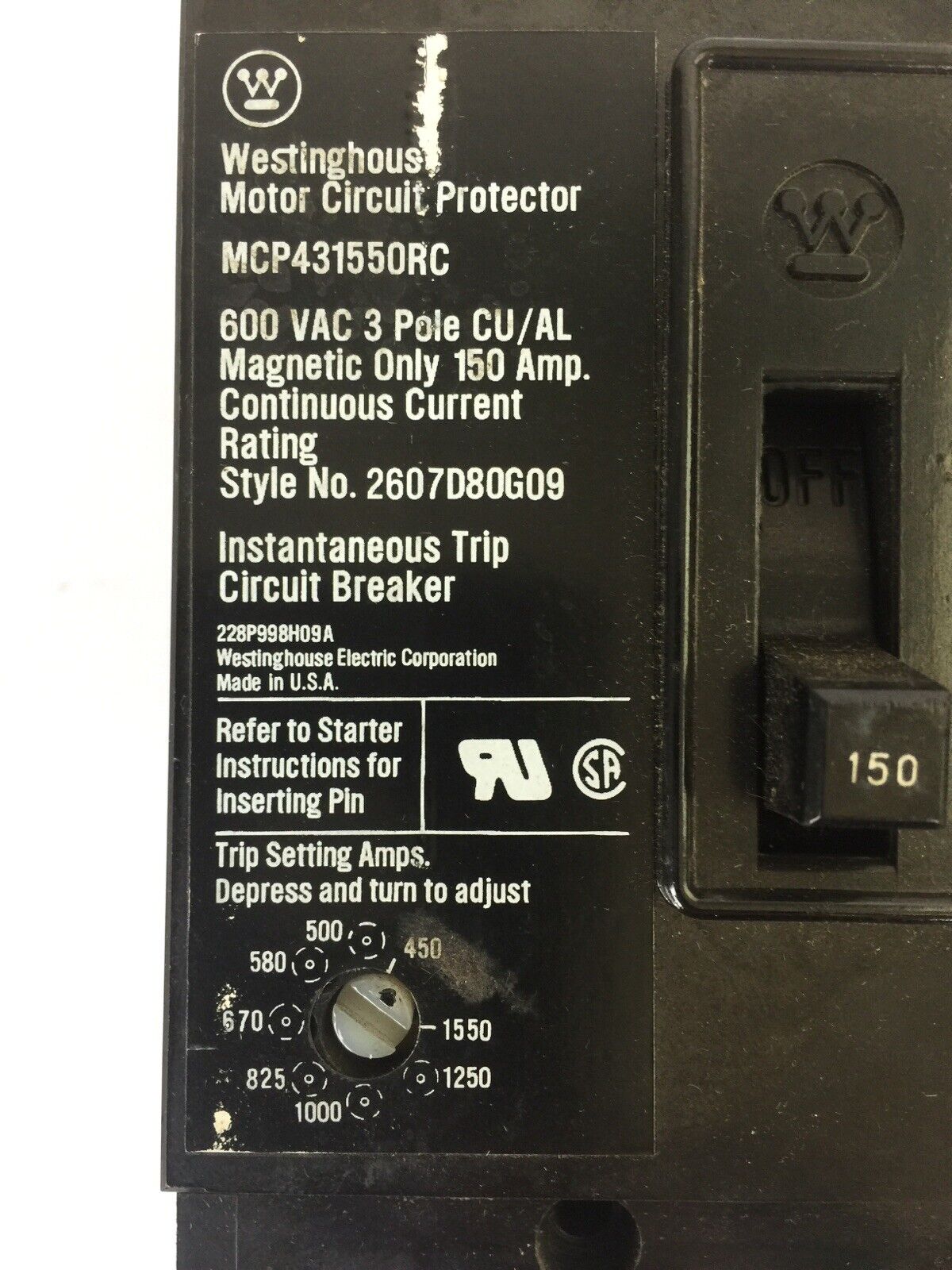 WESTINGHOUSE MCP431550RC MOTOR CIRCUIT PROTECTOR 150AMP 600VAC 3POLE 2607D80G09