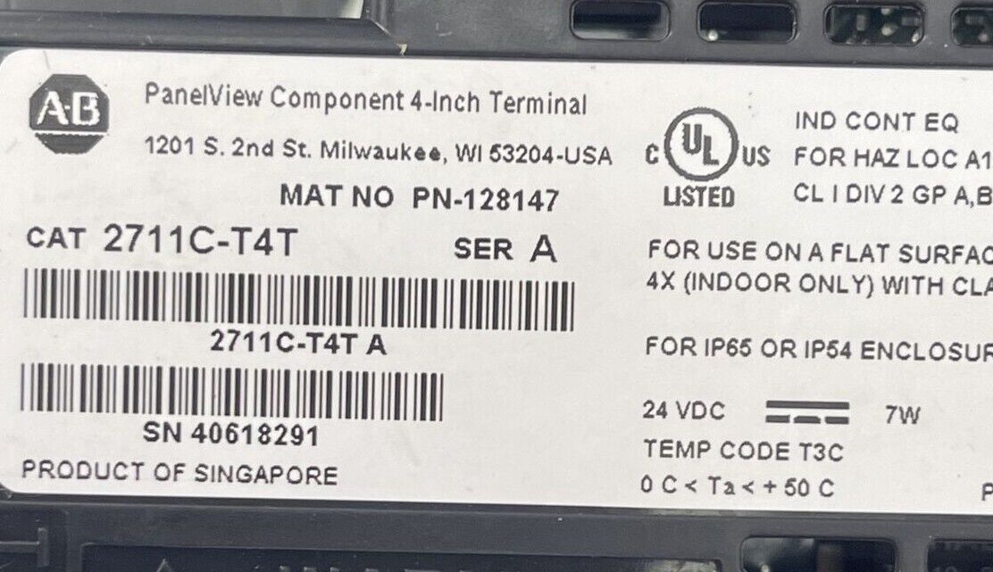 ALLEN BRADLEY 2711C-T4T PANELVIEW C400 COMPONENT 4 INCH TERMINAL SER A 24VDC