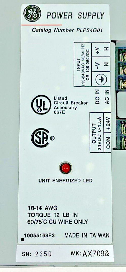 GENERAL ELECTRIC PLPS4G01 POWER SUPPLY 18-14 AWG 24VDC 0-1.5A