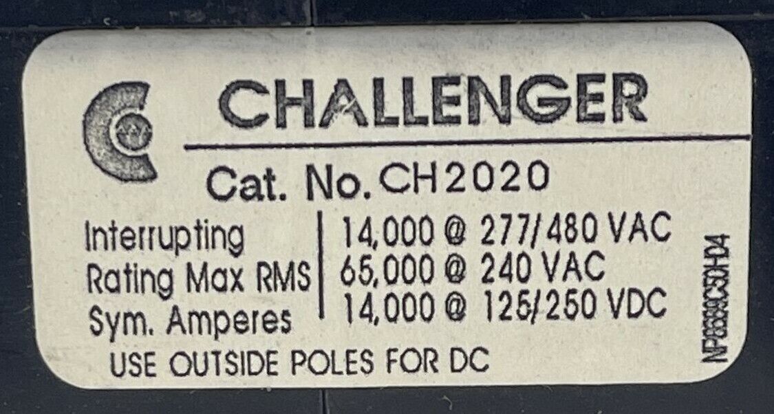 CHALLENGER CH2020 CIRCUIT BREAKER 20AMP 2POLE 277/480VAC 125/250VDC