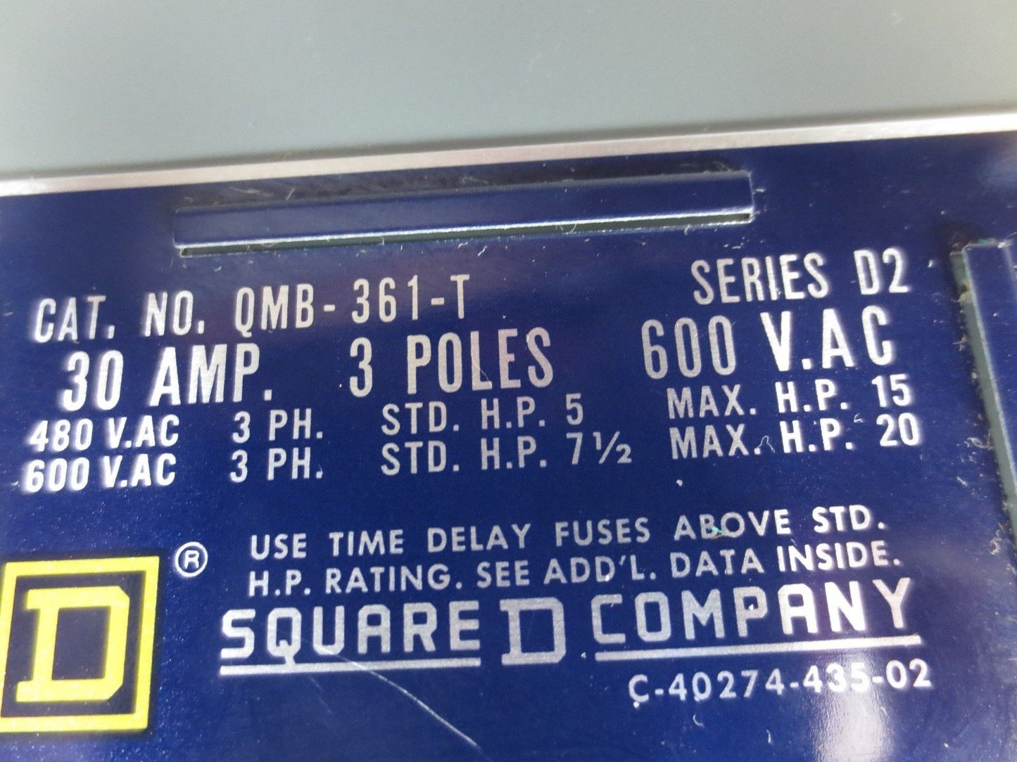 SQUARE D QMB-361-T TWIN FUSIBLE QMB SWITCH - 30A, 600V, 3-POLE - NEW SURPLUS