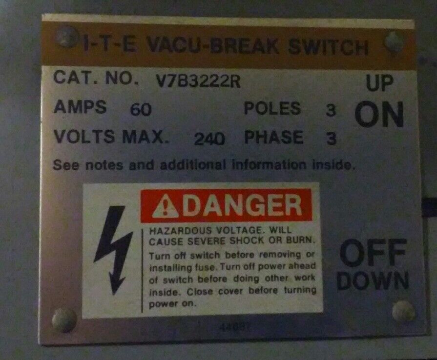 ITE V7B3222R TWIN VACU BREAK PANELBOARD SWITCH 3P 60A 240V