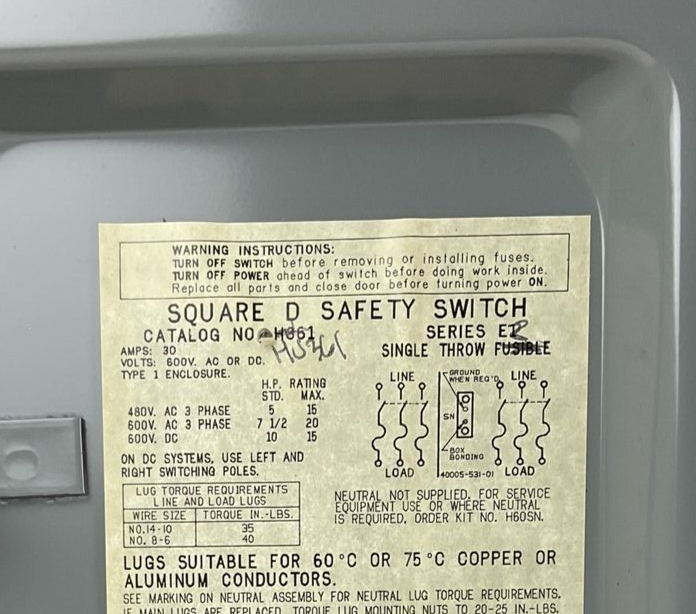 SQUARE D HU361 SAFETY SWITCH NON-FUSIBLE SER.ER 30A 600V