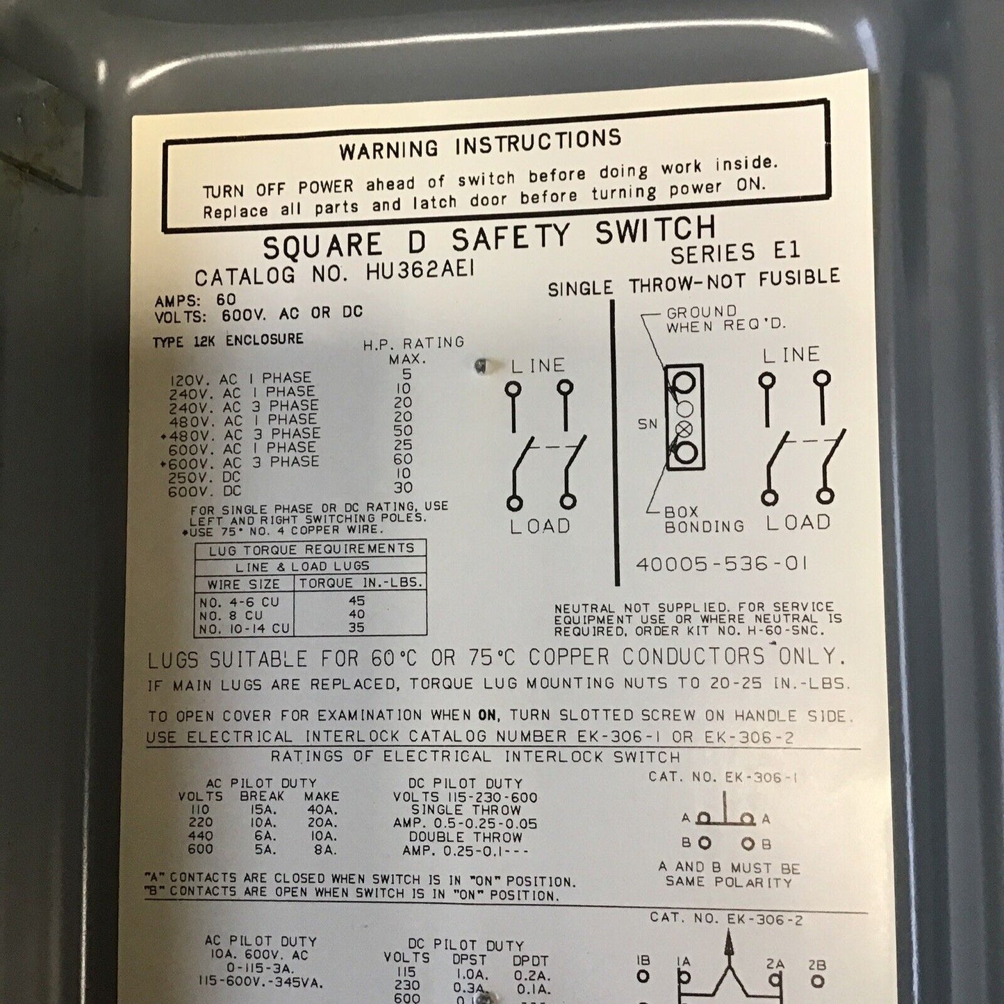 SQUARE D HU362AEI SAFETY SWITCH SER.E1 60A NON FUSIBLE 600VAC/VDC 240VAC