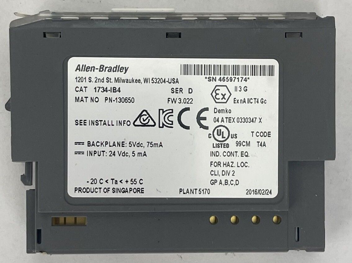 ALLEN BRADLEY 1734-IB4 SER D FW 3.022 INPUT MODULE BACKPLANE 5VDC 75mA INPUT 24V