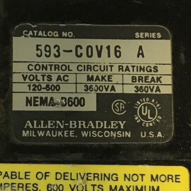 ALLEN BRADLEY 593-COV16 SERIES A OVERLOAD RELAY 120-600VAC NEMA B600