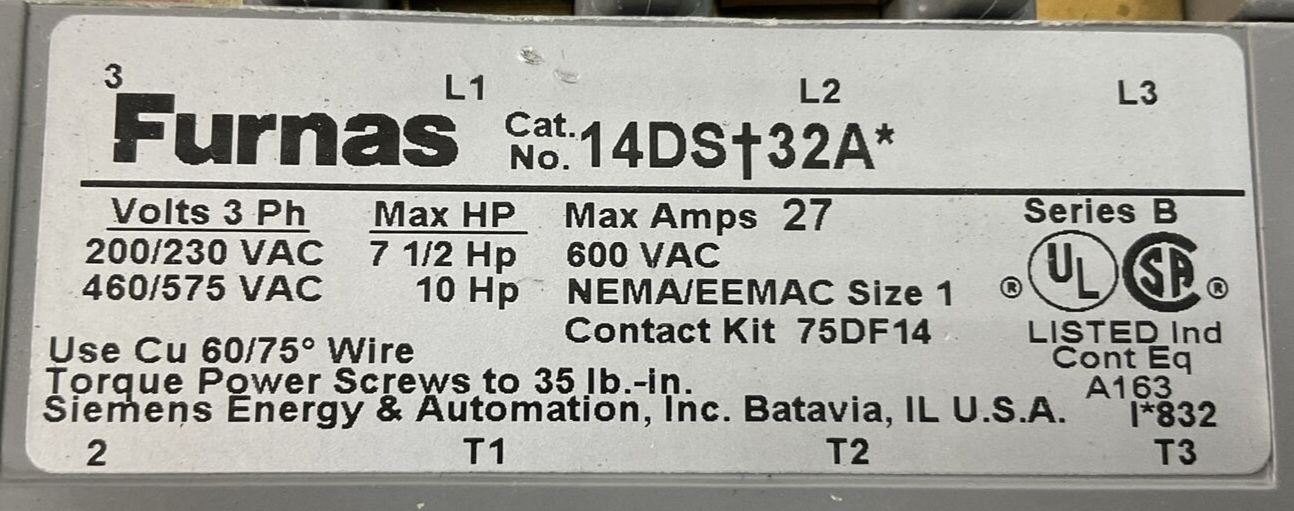 FURNAS SIZE 1 STARTER (14DS+32A CONTACTOR COIL 120V & 48ASD3M20 RELAY 2.5-10A)