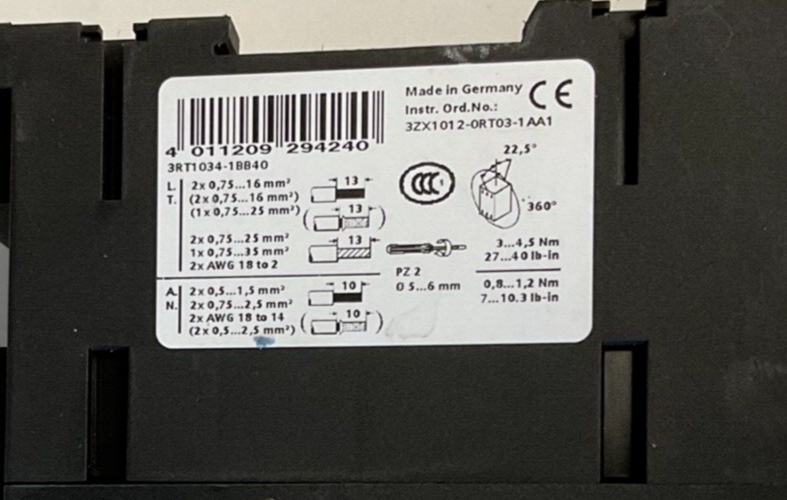 SIEMENS 3RT1034-1BB40 CONTACTOR 50/60HZ 45A 600VAC