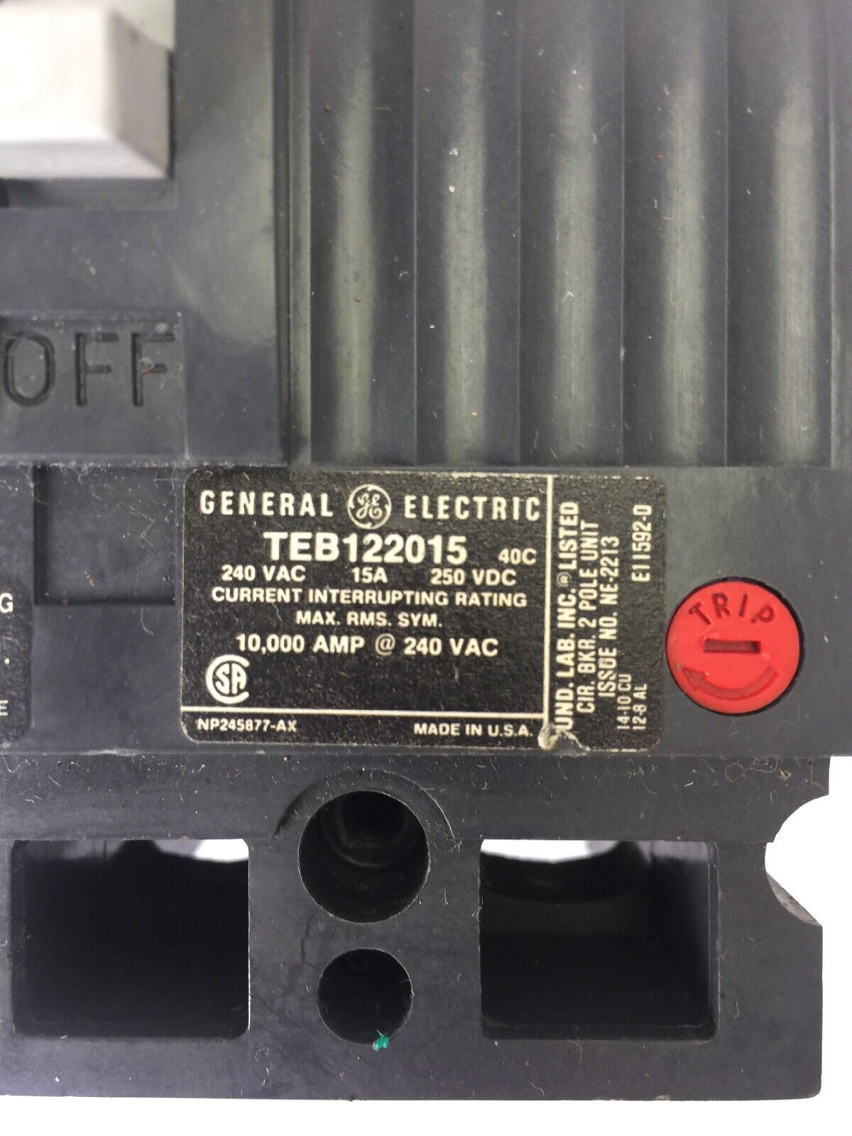 GE TEB122015 CIRCUIT BREAKER 15A 240VAC 250VDC 2 POLE