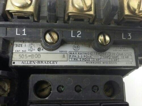 ALLEN BRADLEY 505-BOD, SER. A, REVERSING STARTER, SIZE 1, 600V, 120V COIL, USED