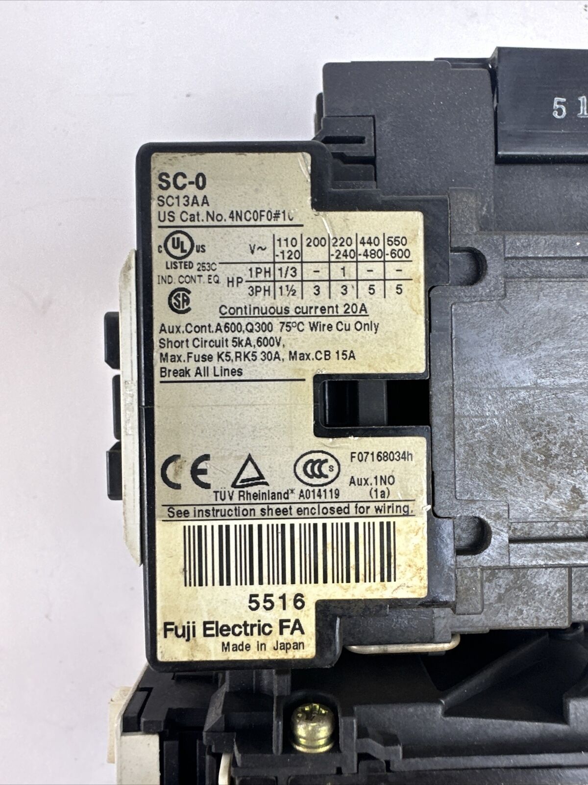 FUJI STARTER 4NC0F0#10 SC-0 3PH 5HP 600VAC COIL 100-110V 60HZ SZ-Z5 TR-0N