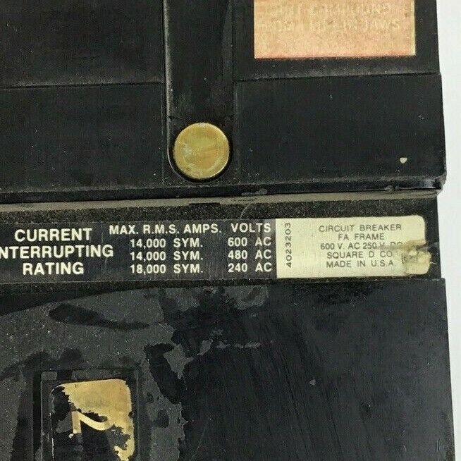 SQUARE D FA36060-S1025 CIRCUIT BREAKER 600VAC 250VDC 3POLE 60A W/SHUNT TRIP