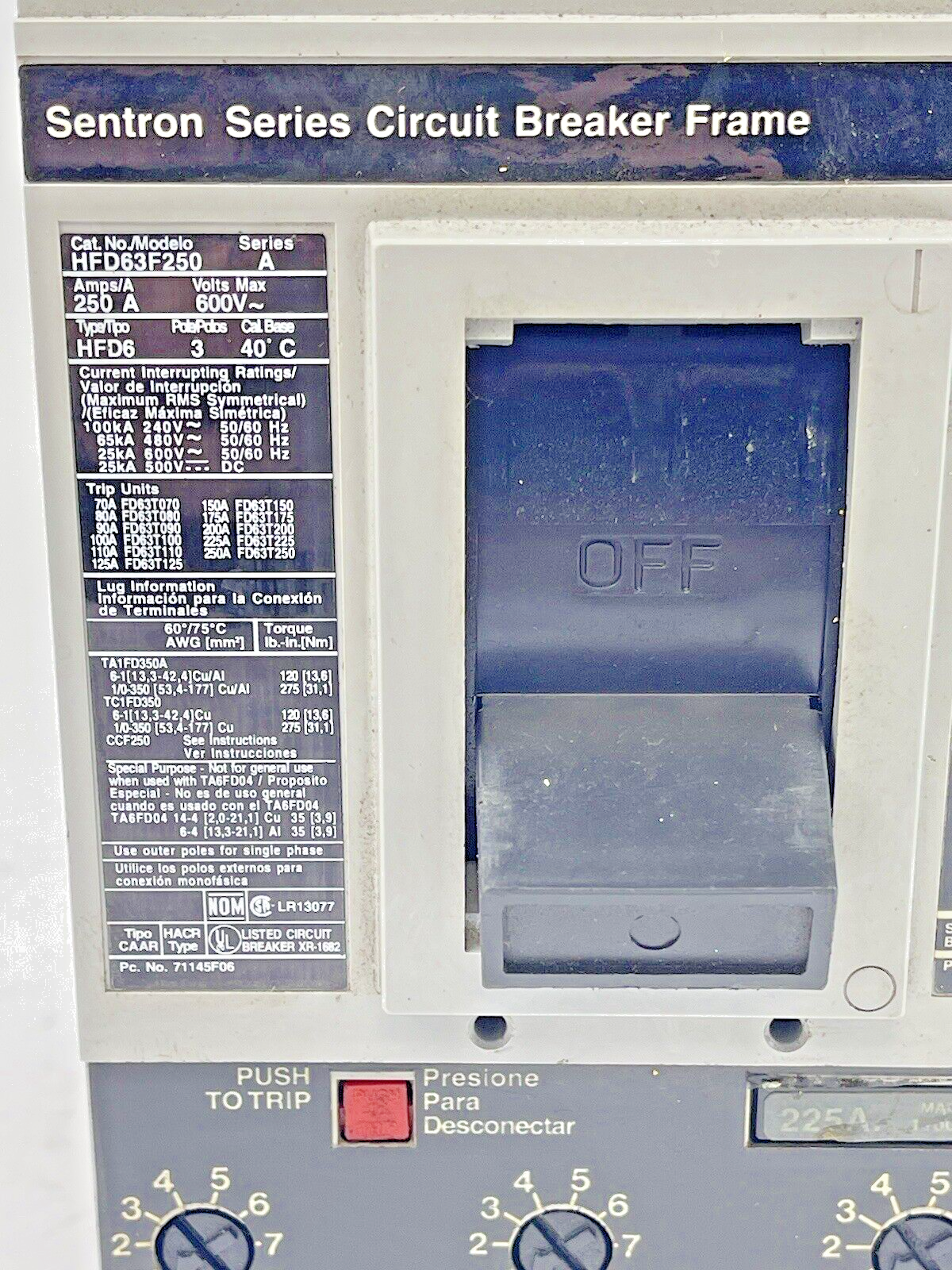SIEMENS - HFD63F250 SER. A - 250A SENTRON SERIES CIRCUIT BREAKER WITH 225A TRIP