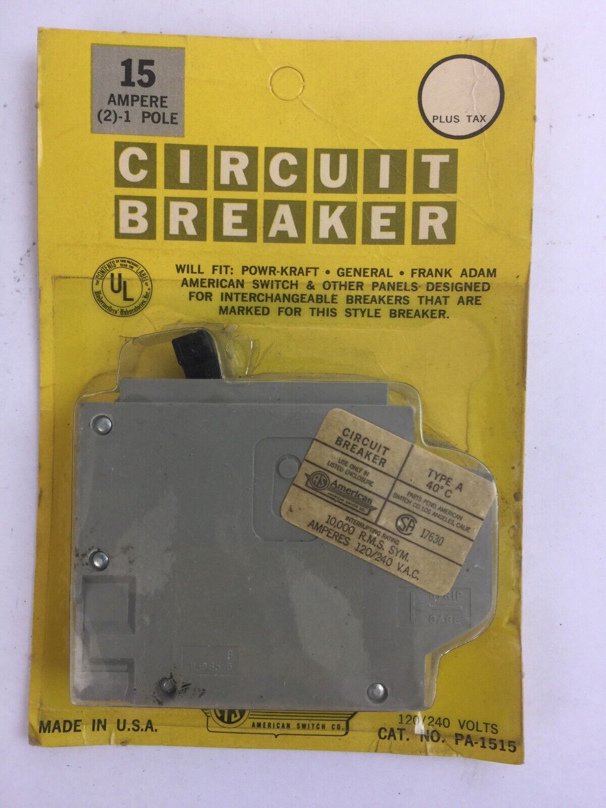 AMERICAN SWITCH PA-1515 CIRCUIT BREAKER 15A (2)-1POLE 120/240VAC TYPE A