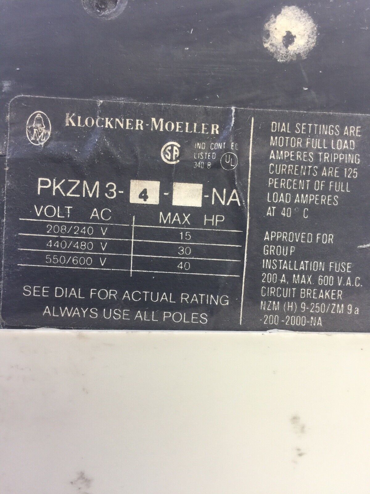KLOCKNER MOELLER PKZM3-4-U-NA MANUAL MOTOR STARTER 550/600VAC 40HP 2.2-3.8A