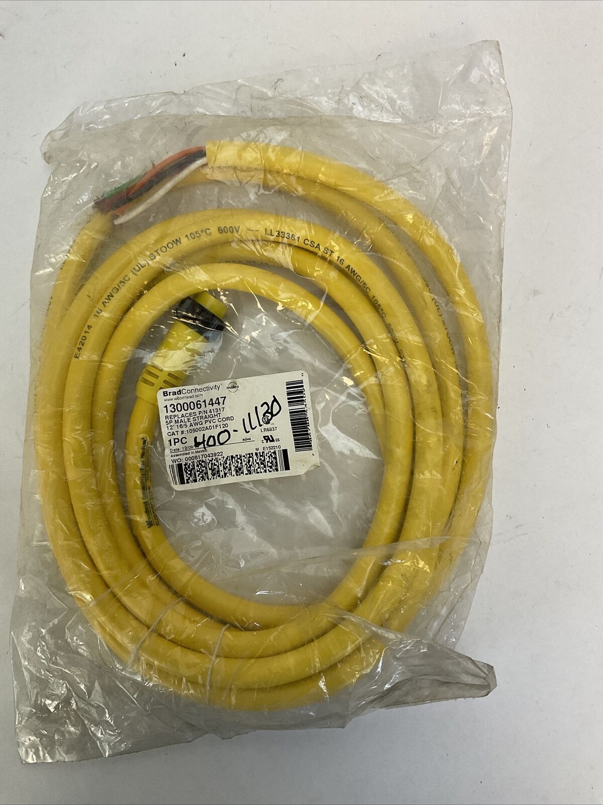 BRAD CONNECTIVITY 1300061447 CORDSET 5P MALE STRAIGHT REPLACES P/N 41317
