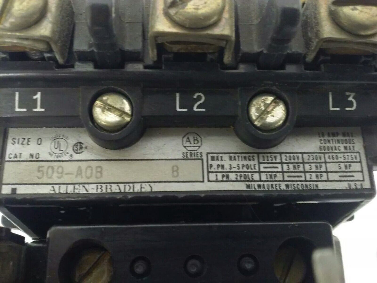 ALLEN BRADLEY 509-AOB, SER. B, STARTER, 200-208V COIL CONTACTS PERFECT CONDITION