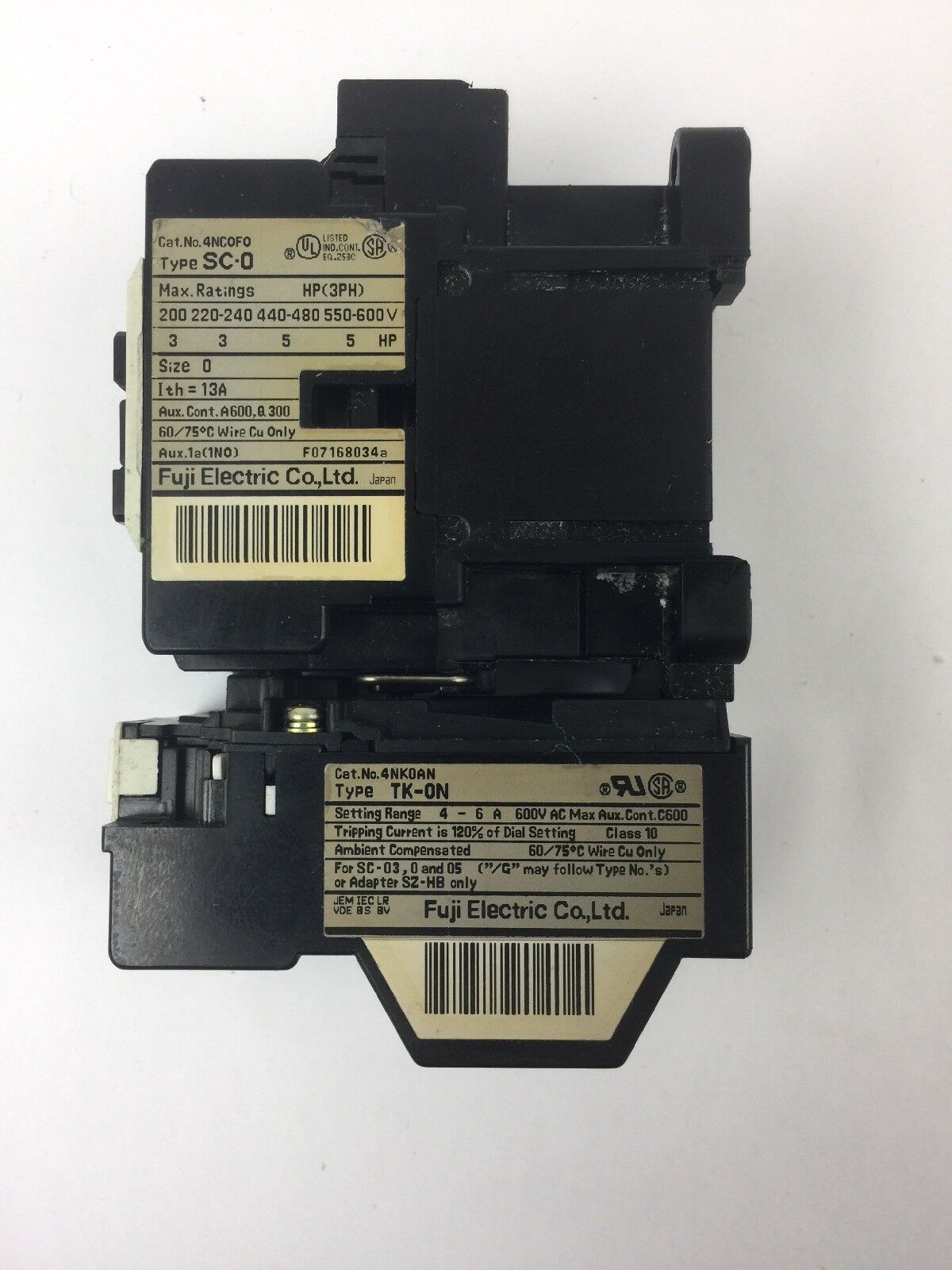 FUJI ELECTRIC 4NC0F0 TYPE SC-0 CONTACTOR 4NK0AN TYPE TK-0N OVERLOAD RELAY
