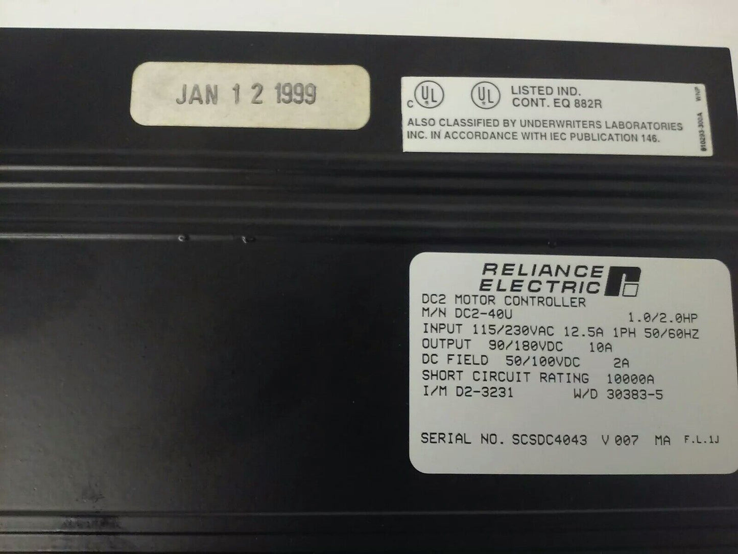 Reliance Electric Motor Controller DC2-40U, 1-2 HP, INPUT 230V, 12.6A, 1PH, 60HZ