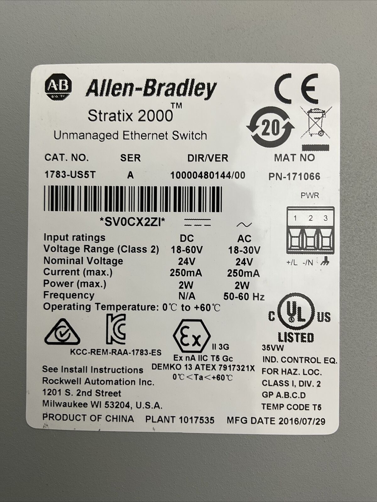 ALLEN BRADLEY 1783-US5T SER A DIR/VER 10000480144/00 UNMANAGED ETHERNET SWITCH