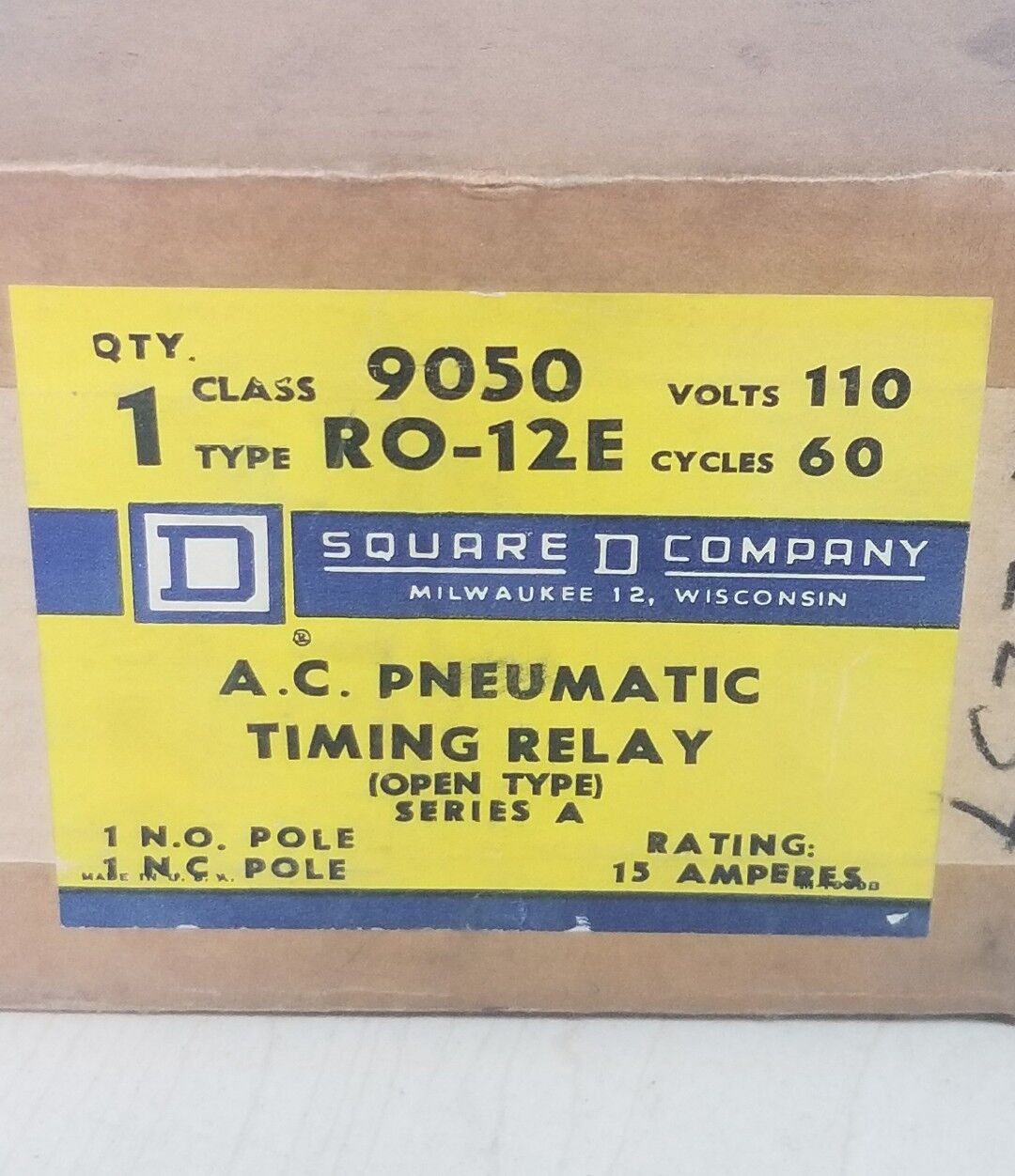 Pneumatic timer relay 9050 RO-12E Square D 1 POLE 15 AMP 110V