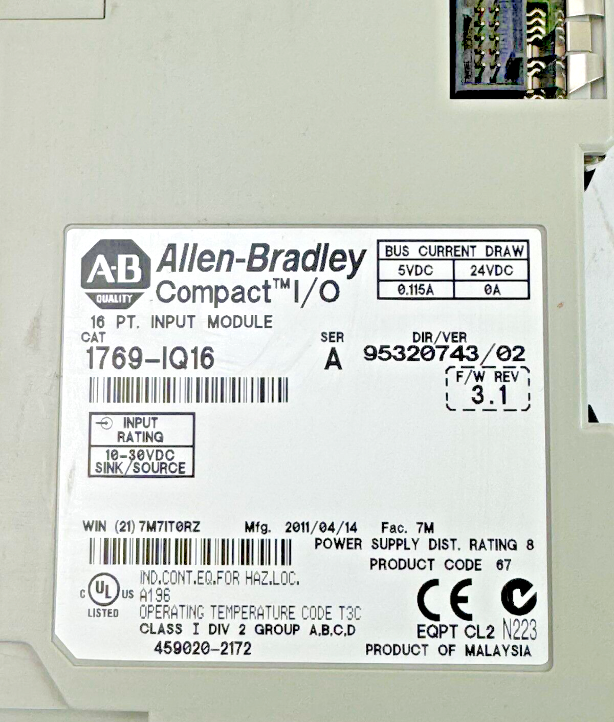 ALLEN-BRADLEY - 1769-IQ16 SER. A F/W REV. 3.1 DIR-VER 95320743/02 - SLC 500 OUT