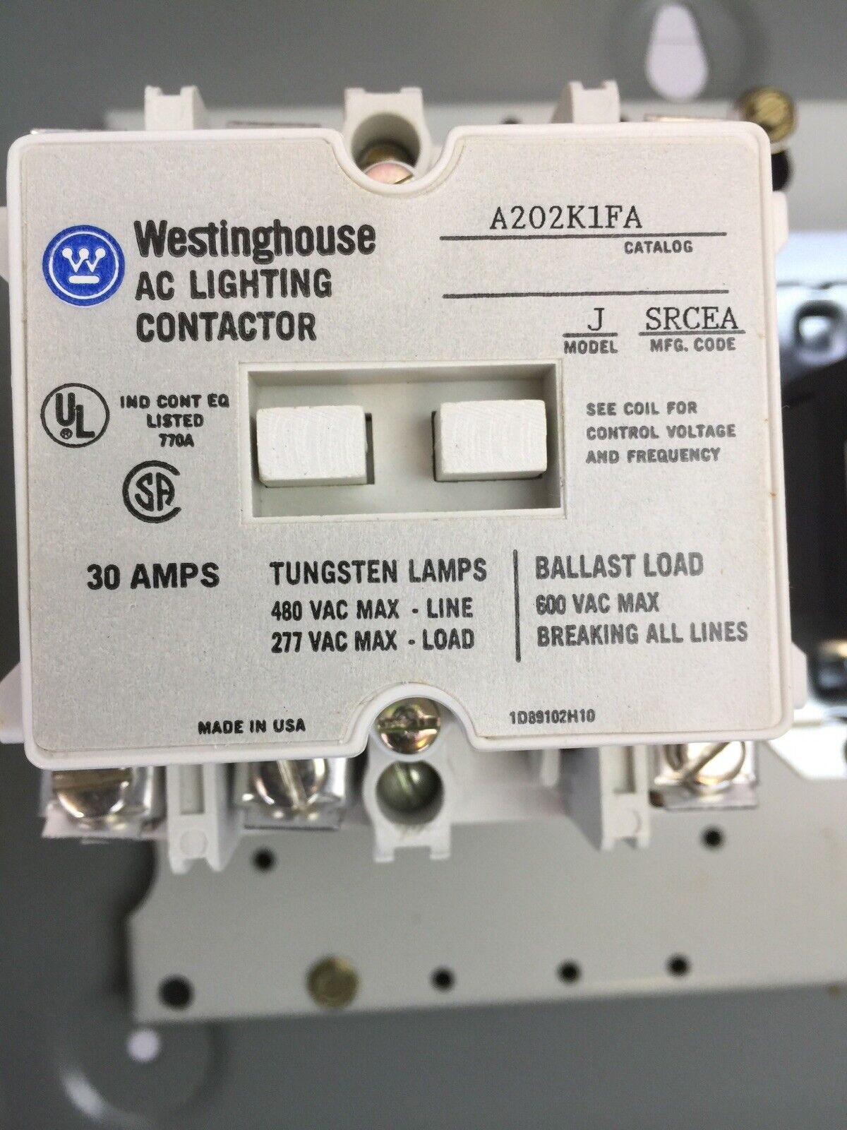 WESTINGHOUSE A202S1FA A202K1FA AC LIGHTING CONTACTOR 30A MODEL J COIL 120V 60HZ