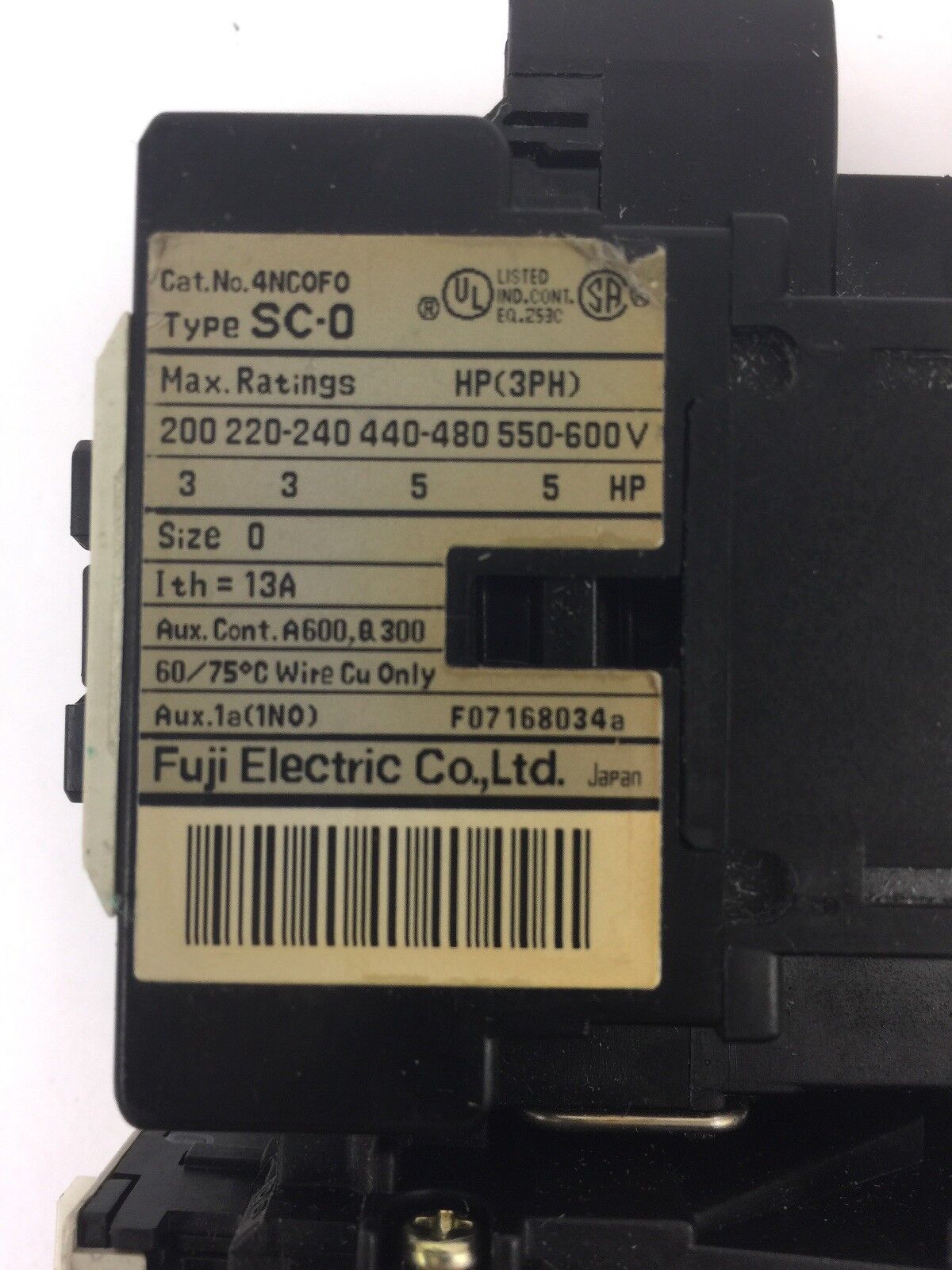 FUJI ELECTRIC 4NC0F0 TYPE SC-0 CONTACTOR 4NK0AN TYPE TK-0N OVERLOAD RELAY