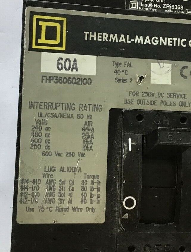 SQUARE D FHP360602100 CIRCUIT BREAKER 600VAC 250VDC 60A