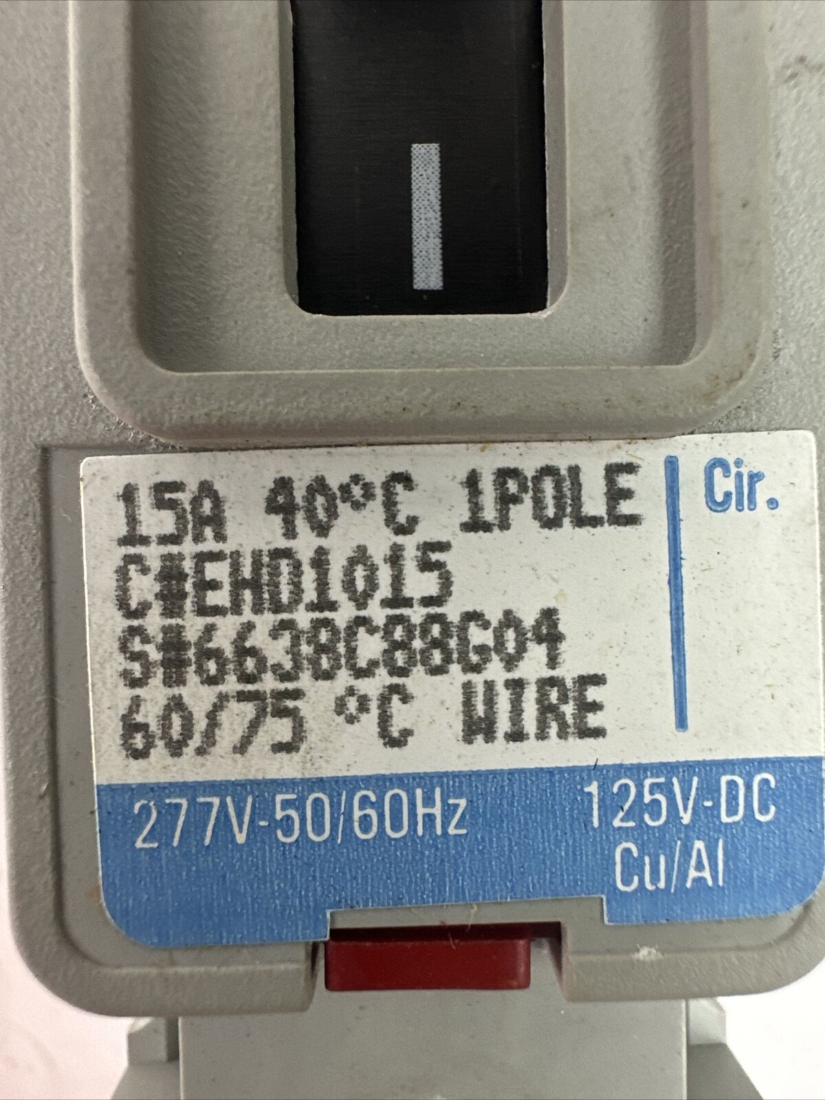 WESTINGHOUSE EHD1015 SER C IDUSTRIAL CIRCUIT BREAKER 15AMP 1POLE 277VAC 125VDC