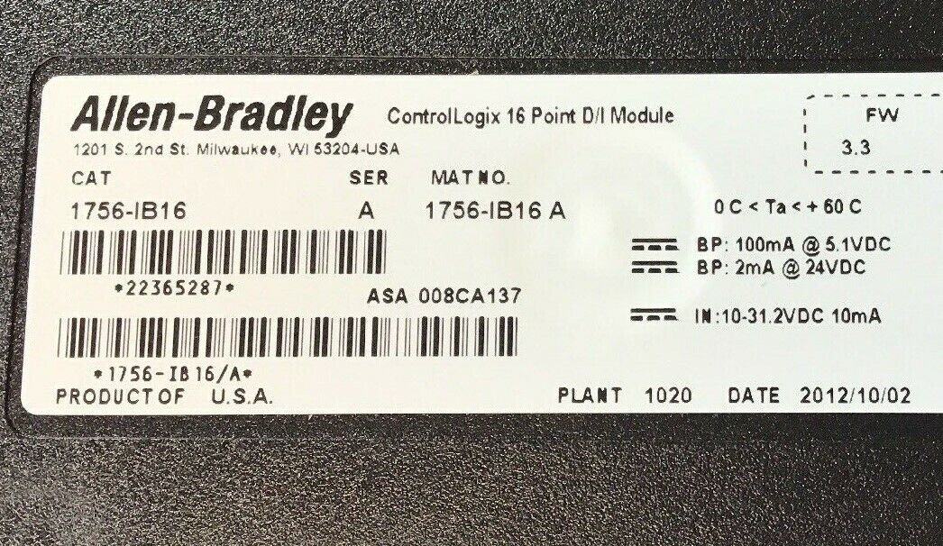 ALLEN BRADLEY 1756-IB16 SER.A 16POINT D/I MODULE FW3.3 24VDC ***LOTOF2***