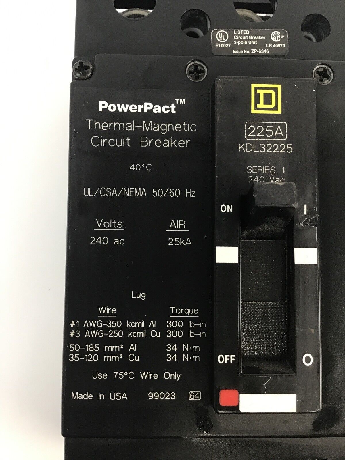 SQUARE D KDL32225 225A 240VAC/25kA SER 1 THERMAL MAGNETIC CIRCUIT BREAKER