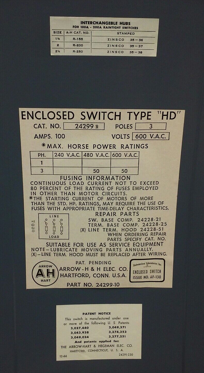 ARROW HART 24299R FUSIBLE ENCLOSED SWITCH TYPE HD, 3P, 3PH, 100A, 600V, NEMA 1