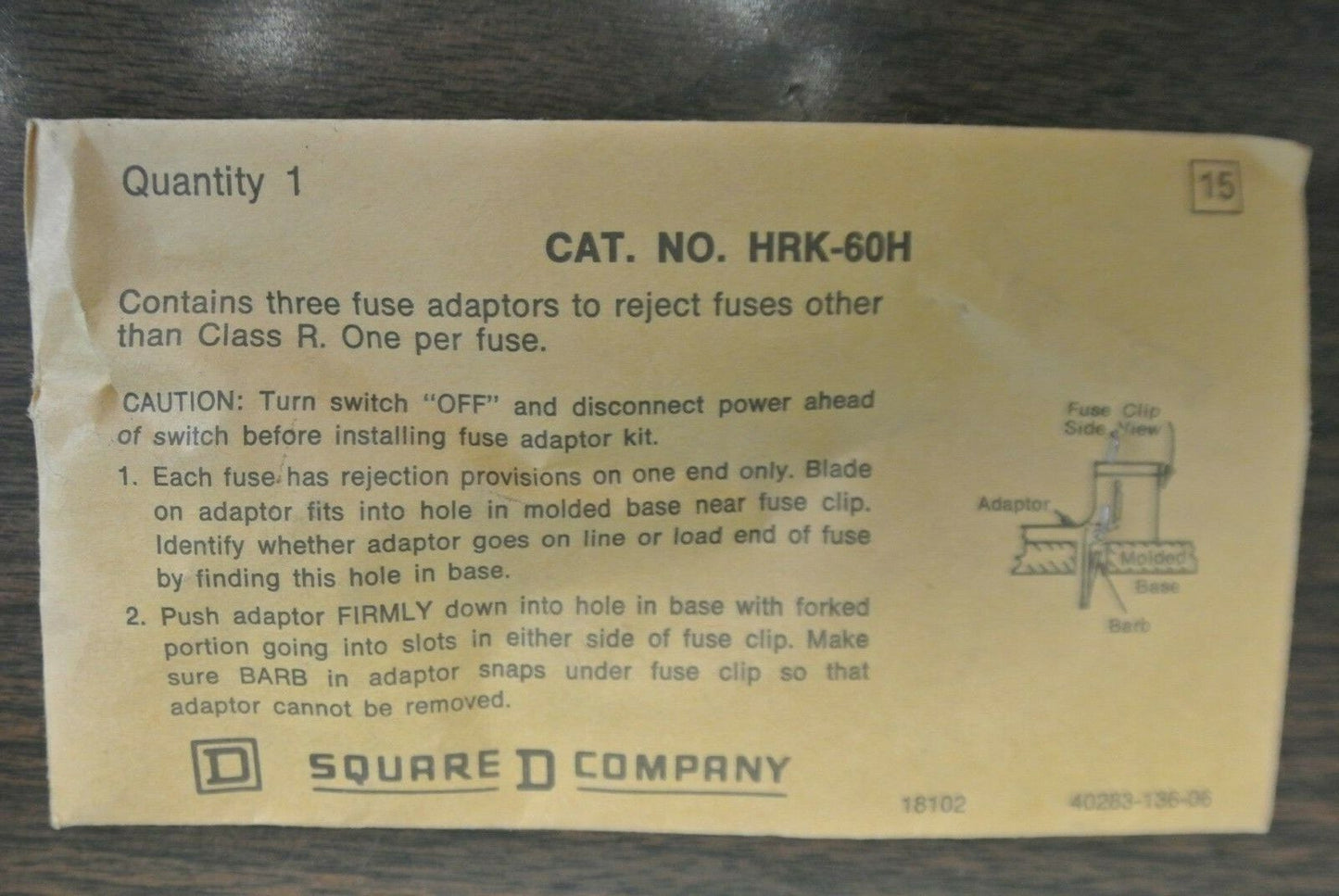 SQUARE D HRK-60H / CLASS "R" FUSE ADAPTERS / NEW SURPLUS