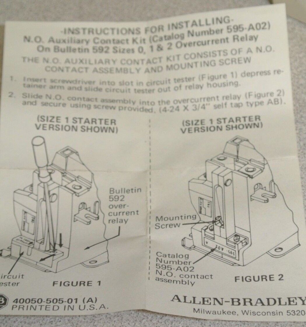 ALLEN-BRADLEY 595-A02 AUXILIARY CONTACT / 1 N.O. / SIZES 0-2 & 5-9 / NEW SURPLUS