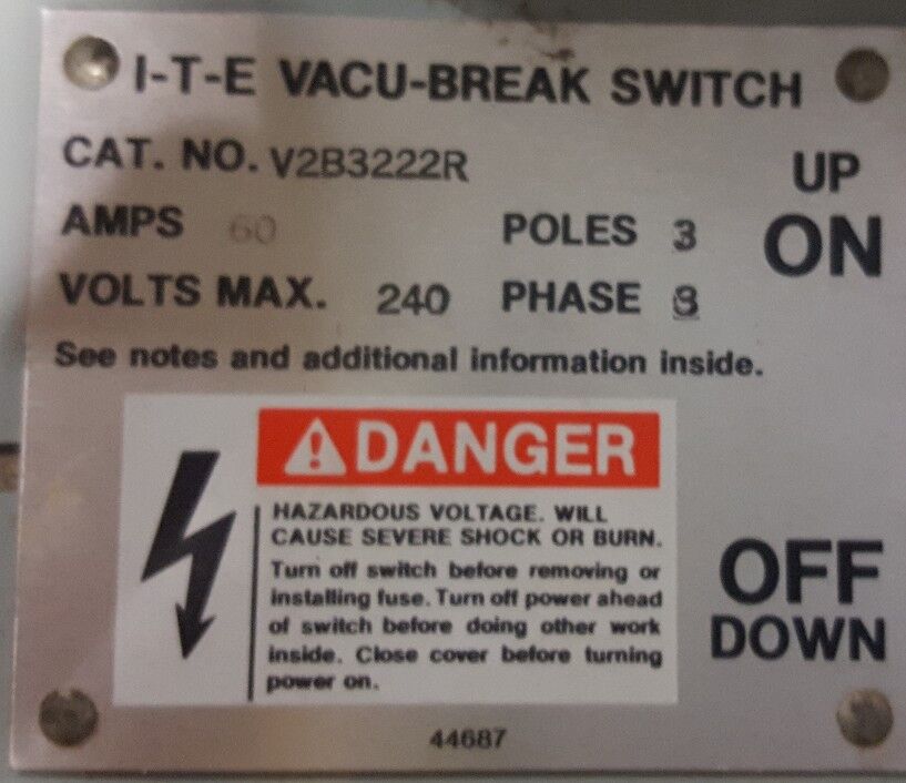 ITE V2B3222R TWIN VACU-BREAK PANELBOARD SWITCH - 60A 240V 3P 3PH