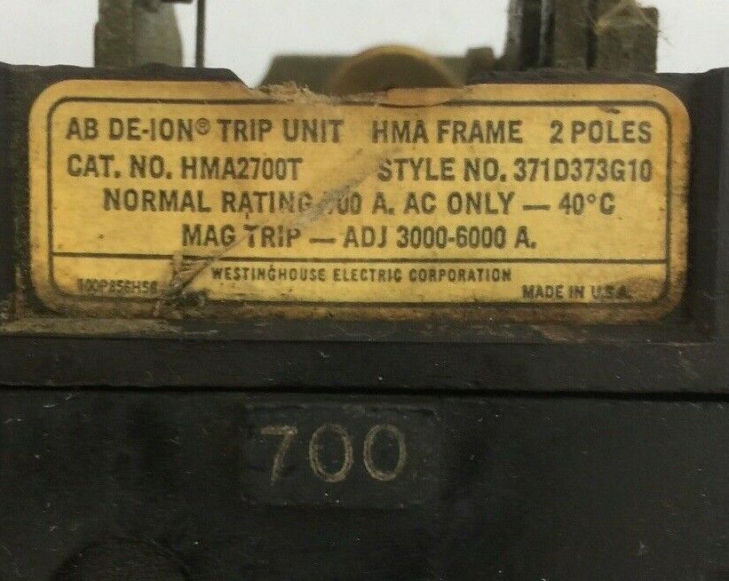 WESTINGHOUSE HMA2700T AB DE-ION TRIP UNIT 2POLE 700AMP 371D373G10