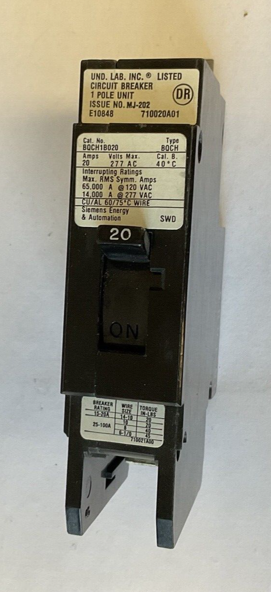 SIEMENS BQCH1B020 CIRCUIT BREAKER 20AMP 277VAC TYPE BQCH 1POLE ****LOTOF10****