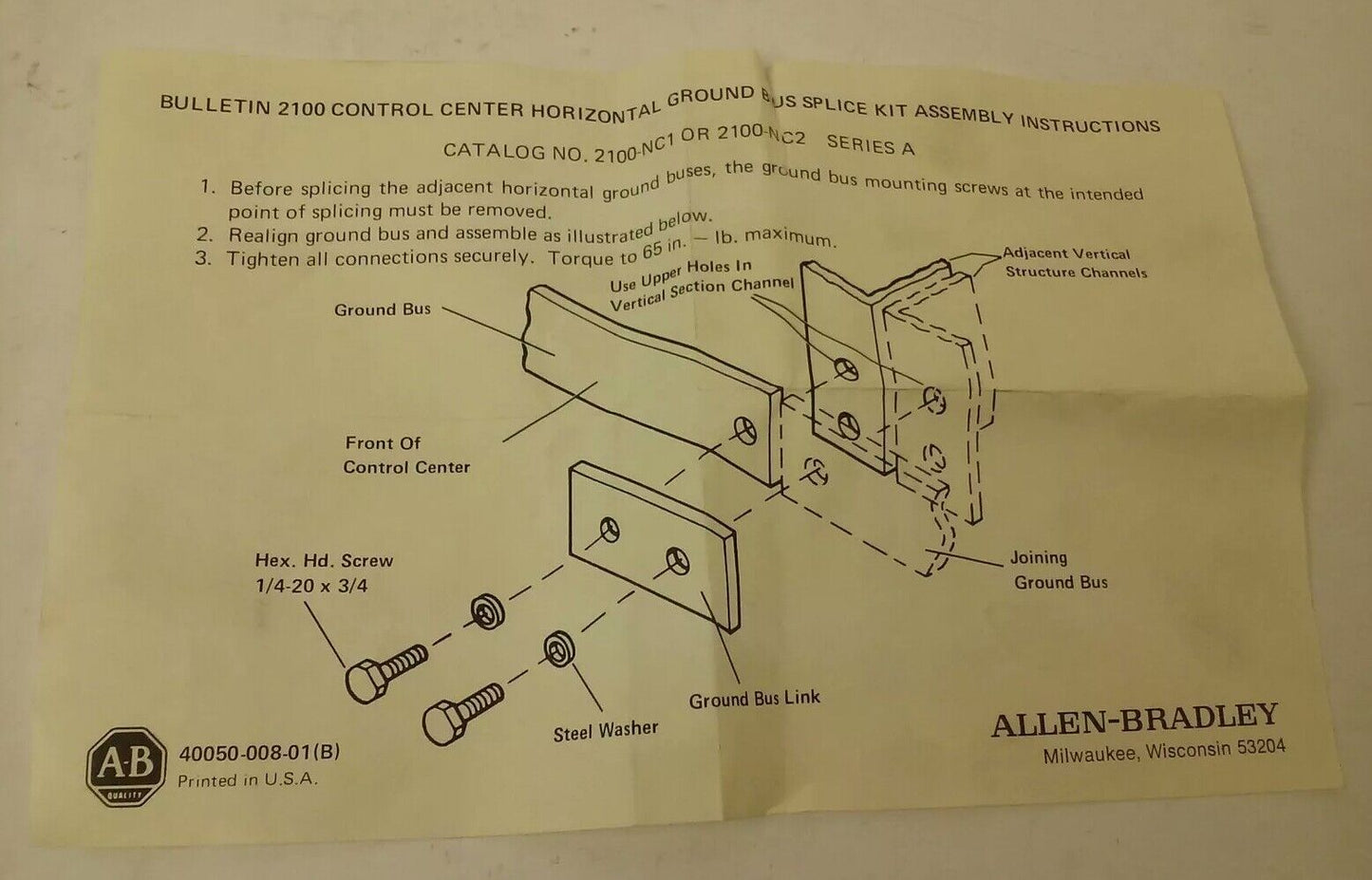 ALLEN BRADLEY 2100-NC1 SER. C, HORIZONTAL GROUND BUS SPLICE KIT 1/4'' X 1'',2100