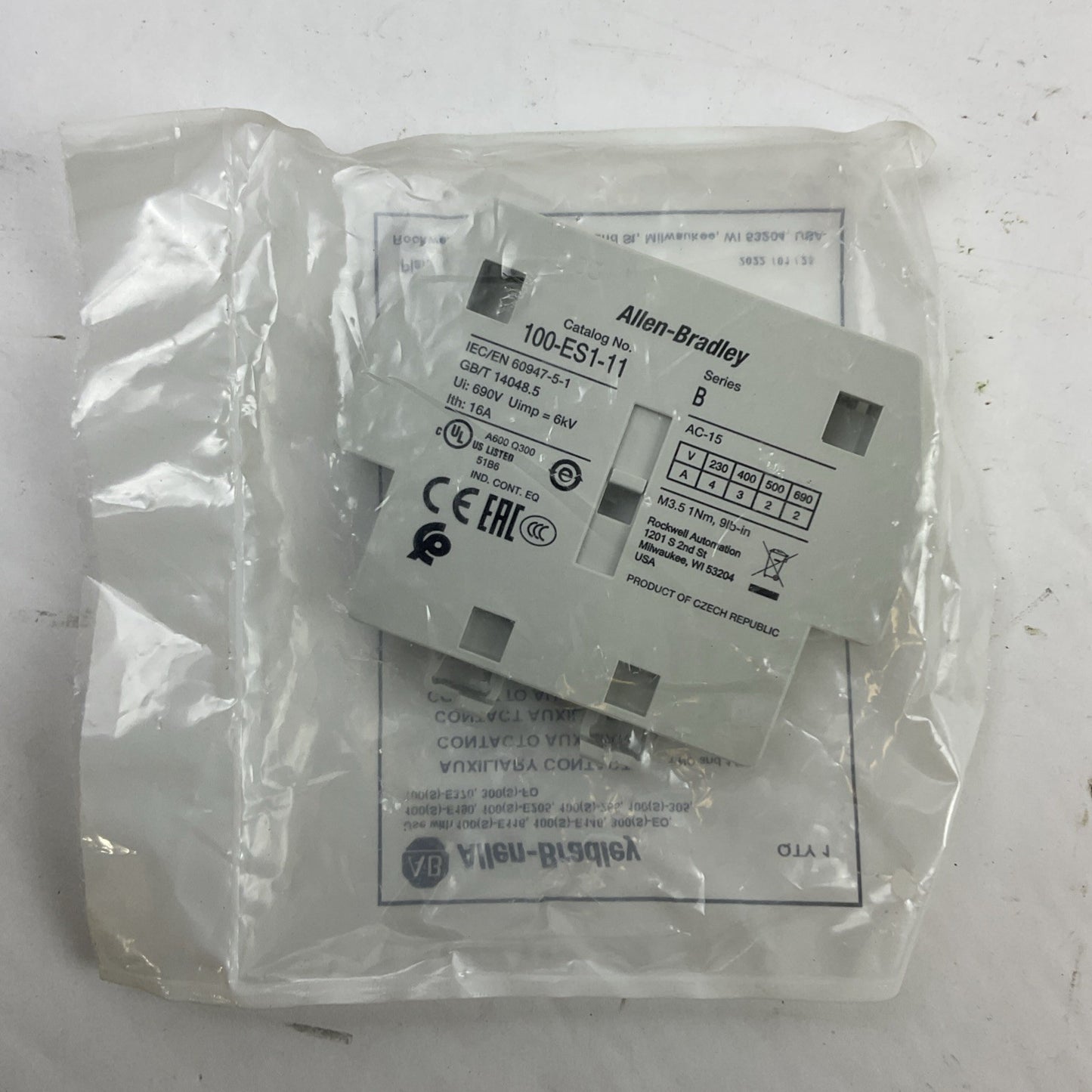 ALLEN BRADLEY 100-ES1-11 SER B AUXILIARY CONTACT 1NO 1NC