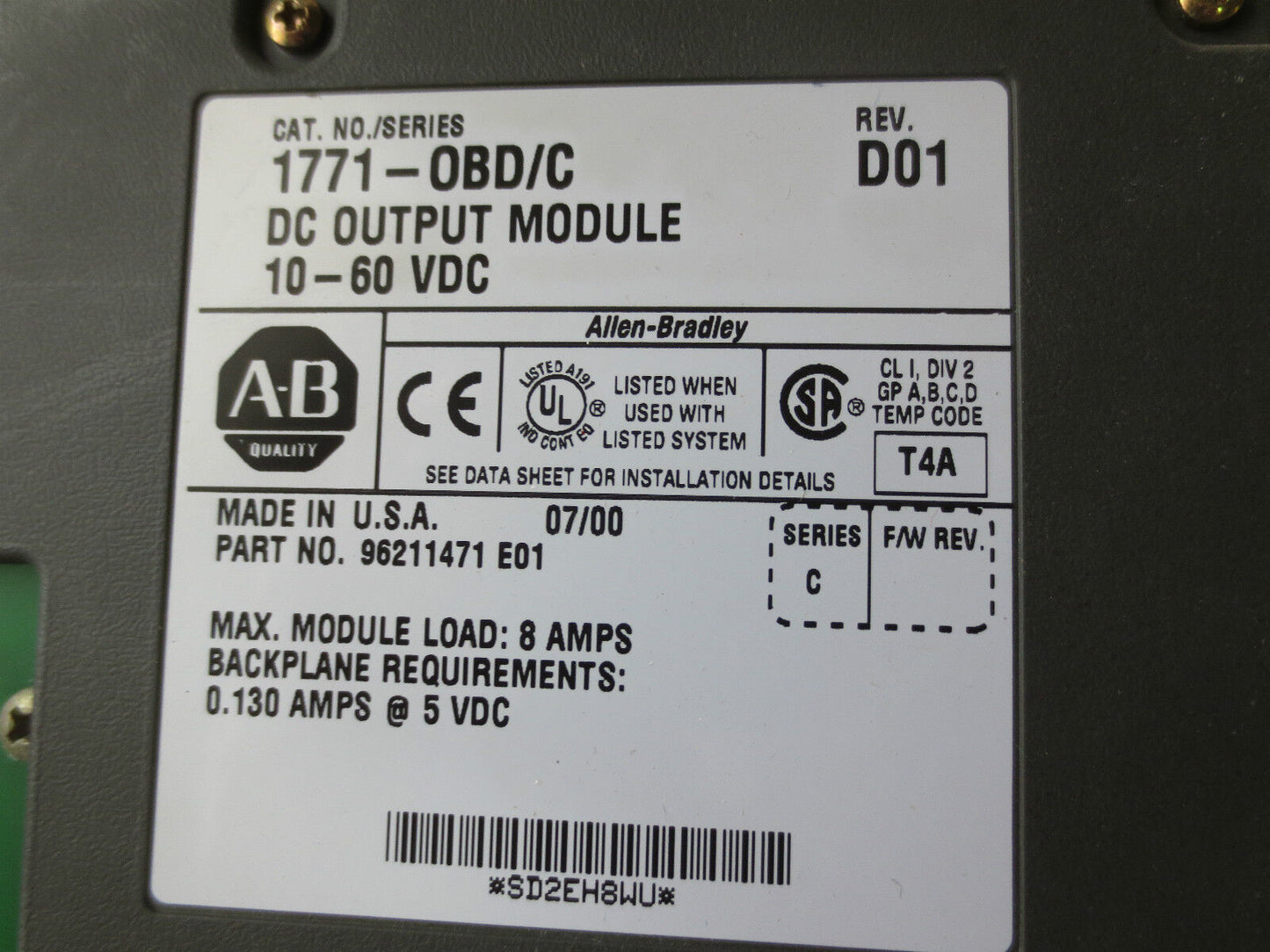 ALLEN-BRADLEY 1771-OBD/C DC OUTPUT MODULE - 10-60VDC Ser C, Rev D01
