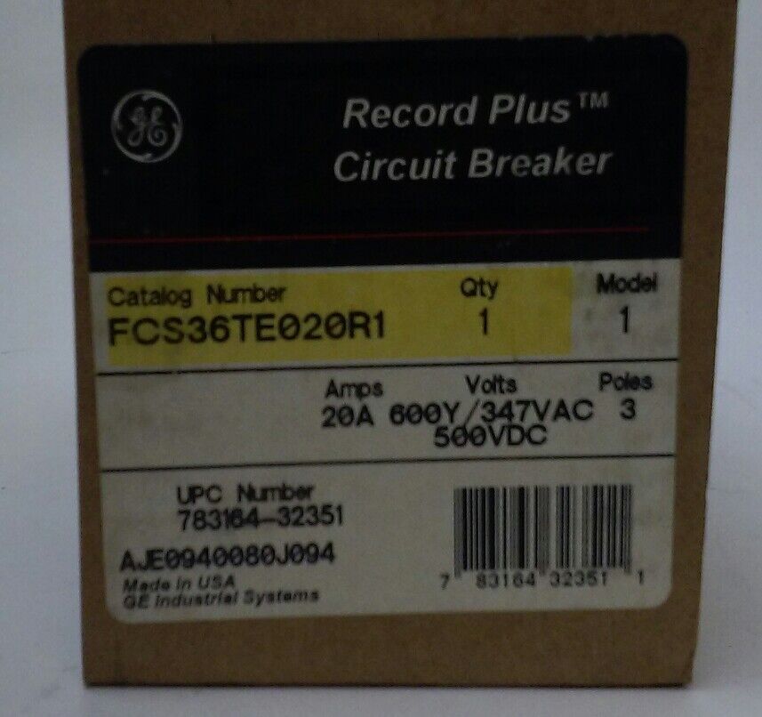 GE FCS36TE020R1 RECORD PLUS CIRCUIT BREAKER - 20A, 600Y/347VAC/500VDC, 3-POLE
