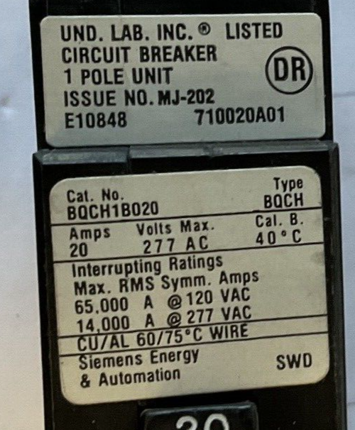 SIEMENS BQCH1B020 CIRCUIT BREAKER 20AMP 277VAC TYPE BQCH 1POLE ****LOTOF10****