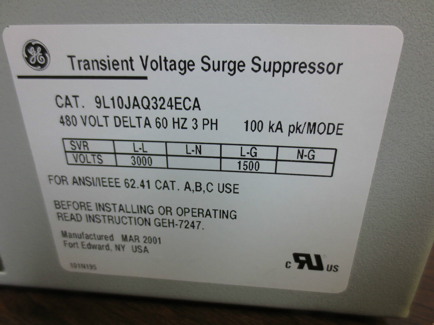 GE 9L10JAQ324ECA TRANSIENT VOLTAGE SURGE SUPPRESSOR 480V TRANQUELL VII -NO COVER