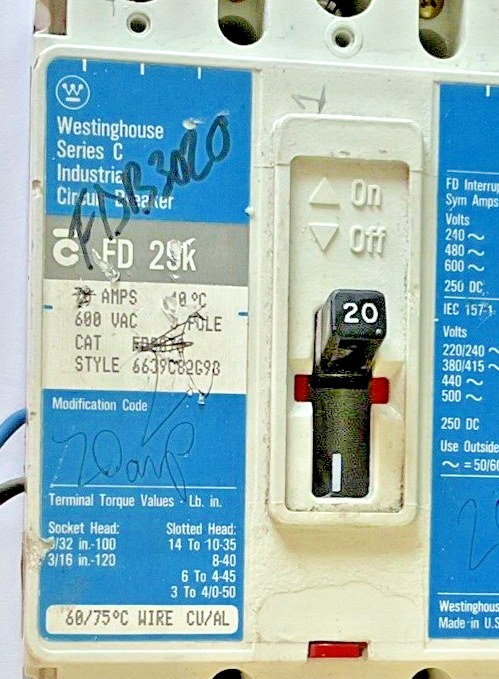 WESTINGHOUSE FDB3020 CIRCUIT BREAKER 3POLE FD 25K SER.C
