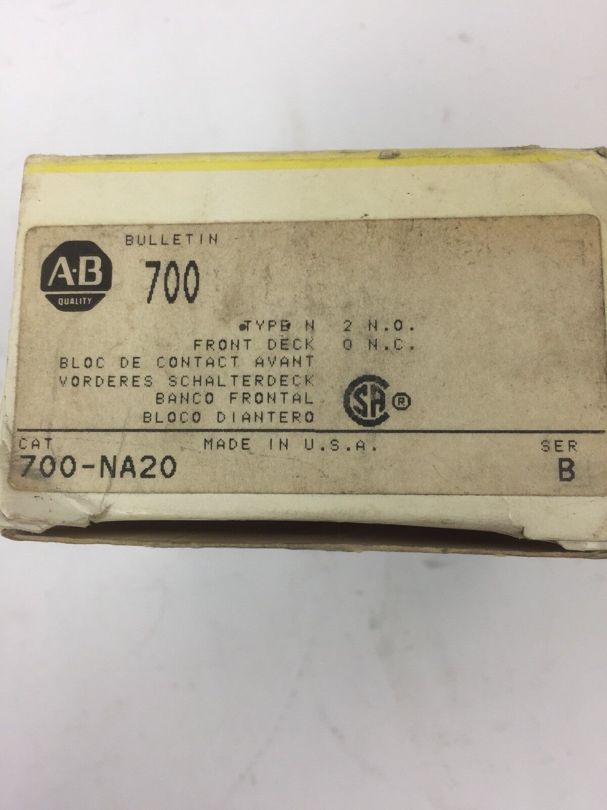 ALLEN BRADLEY 700-NA20 RELAY ACCESSORY TYPE N FRONT DECK 2N.O. 0N.C. SERIES B