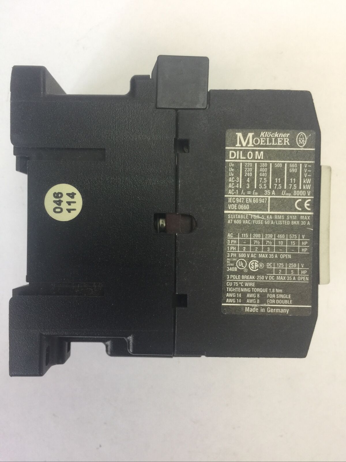KLOCKNER MOELLER STARTER DIL 0M CONTACTOR 3POLE 250VDC 35A 15HP COIL 240V 60HZ